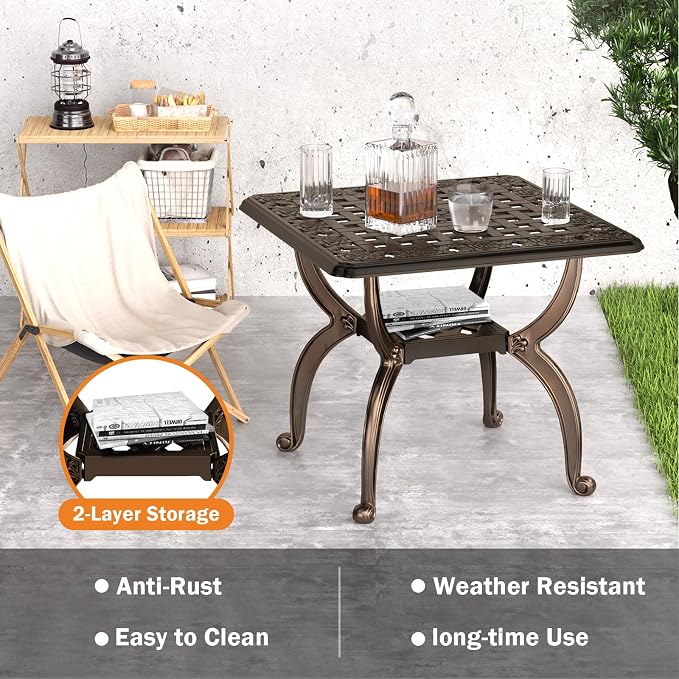 21" Patio Bistro Table, Cast Aluminum Table, Outdoor Table for Garden/Yard/Pool/Porch, Bronze