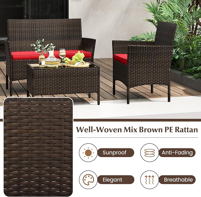 4 Piece Patio Furniture Set, Sectional Conversation Sofa Set with Glass Coffee Table, Cushions & Loveseat, Wicker Outdoor Table and Chairs for Pool, Garden, Deck, Backyard (2, Red)