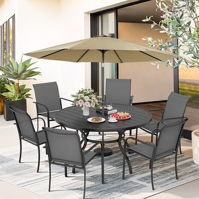 7-Piece Patio Dining Set with Umbrella,6 Person Outdoor Table and Chairs Set, 6 Metal Dining Chairs and Round Outdoor Table with 1.57" Umbrella Hole,Grey