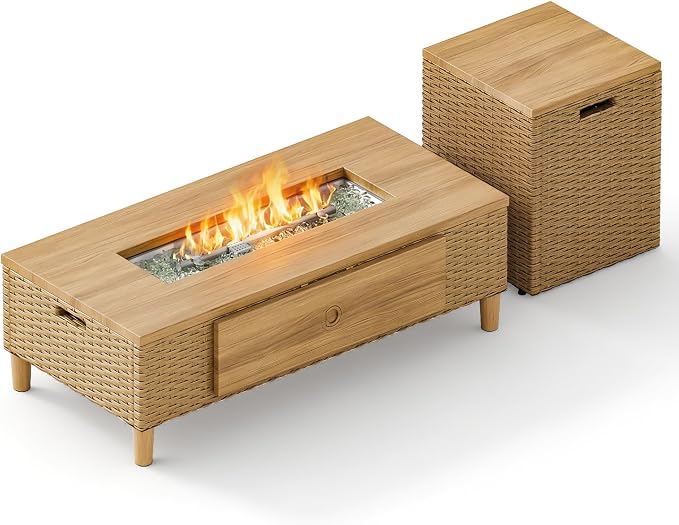 SUNSHINE VALLEY Patio Furniture Set, Sectional Outdoor Conversation Sets with Fire Pit & 10" Thick Cushions, 5 Pieces L Shaped Modular Yellow Rattan Wicker Sofa, Low Profile Lawn Garden Couch Set