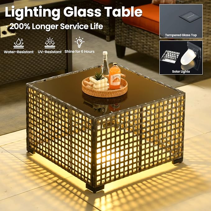 ovios 8 Pieces Patio Furniture Set, Outdoor Wicker Sofa Couch with Swivel Glider Chairs Solar Lights Table, Modern Deep Seat Rattan Conversation Sets for Deck Porch, Orange Red