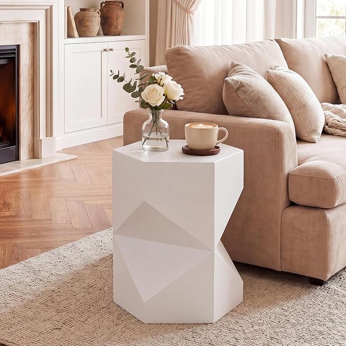 HOMPUS Outdoor Side Table Polygonal, Concrete End Table Hexagonal w Gloss Finish, Patio Accent Table Modern Design Home Decor, MgO Coffee Table for Living Room, Garden, Backyard, White