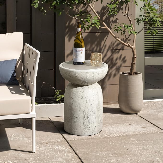 LuxenHome 20" Outdoor Side Table, MgO Rustic End Tables for Patio,Off White and Gray Weathered Round Table, Small Accent Table for Indoor Outdoor Use, Decorative Garden Stool
