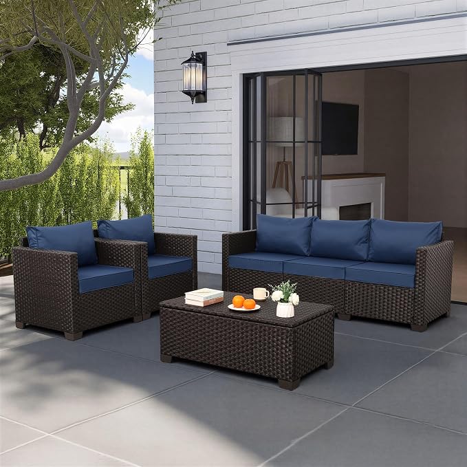 Rattan Star 4 Piece Patio Furniture Set 45In Fire Pit Table Outdoor Furniture Sets Patio Couch Outdoor Chairs 50000 BTU Propane Fire Pit with No-Slip Cushions and Waterproof Covers, Navy Blue