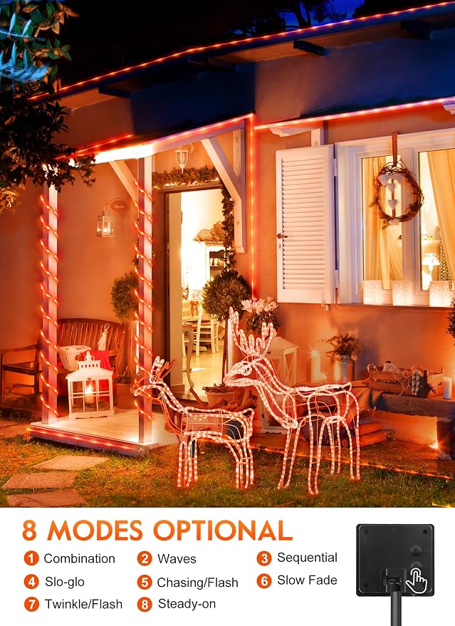 Brightown Halloween Solar Rope Lights, 39FT 100LED, Orange | IP65 Solar Fairy Lights with 8 Lighting Modes, Halloween Decoration Outdoor for Party Garden Yard Holiday Tree Decoration
