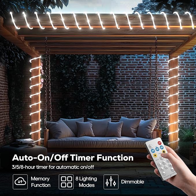 Solar Rope Lights, 66FT 200LED 1800mAh Outdoor IP67 String Lights (White) | Type C & Solar, With Remote, Waterproof, Timing, 8 Modes, for Garden Tree Pathway Yard Pool RV Christmas Decor