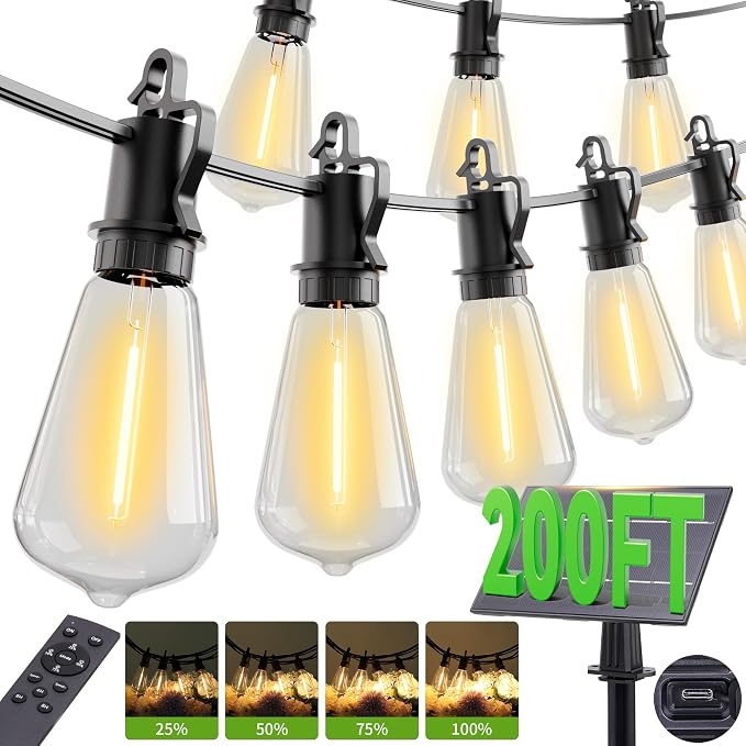 200ft Solar LED Outdoor String Lights Patio Lights with Shatterproof 2700K ST38 Vintage Edison Plastic Bulbs Dimmable, Outside Hanging Lights Waterproof for Porch, Deck, Garden, Backyard