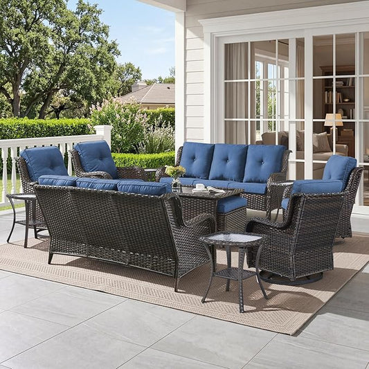 Belord 13 Piece Wicker Patio Furniture Set, Outdoor Swivel Rocker Chairs Set of 4 with Ottomans and Rattan Couch, All Weather Patio Conversation Furniture Set, for Pool,Yard Brown Wicker/Blue