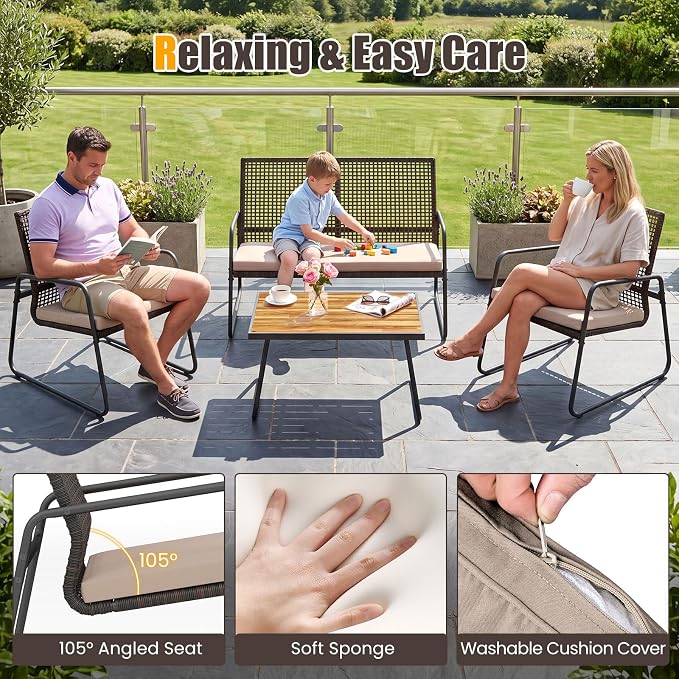 Tangkula 8 Pieces Patio Furniture Set, PE Wicker Rattan Conversation Set with Acacia Wood Coffee Table & Zippered Cushions, Outside Seating Set for Backyard, Garden & Deck (Beige, 8 Pcs)