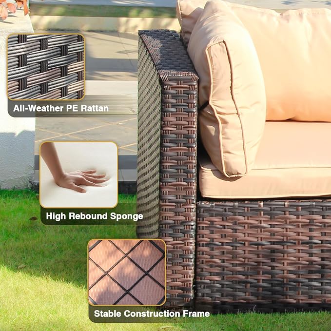 13 Piece Patio Furniture Set All Weather PE Rattan Outdoor Sectional Sofa Couch with No-Slip Cushions and Glass Top Table for Garden, Poolside, Backyard (Beige)