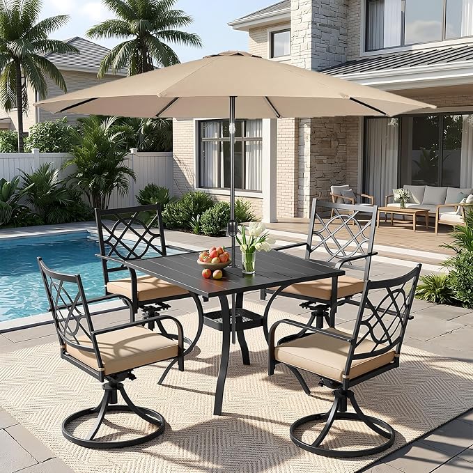 6 Piece Patio Dining Set Outdoor Furniture Set, Square Metal Patio Dining Table with Umbrella Hole & 9FT Patio Umbrella 4 Swivel Dining Chairs for Garden Lawn Yard