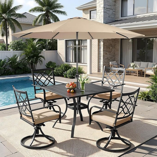 6 Piece Patio Dining Set Outdoor Furniture Set, Square Metal Patio Dining Table with Umbrella Hole & 9FT Patio Umbrella 4 Swivel Dining Chairs for Garden Lawn Yard