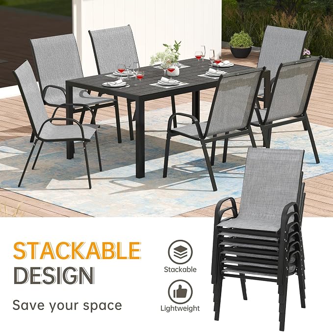 PIZZELLO 7-Piece Outdoor Dining Set Patio Dining Set for 6 Outdoor Table and Chairs All Weather Outdoor Patio Set w/Stackable Patio Chairs and HDPE Dining Table for Backyard, Garden and Poolside