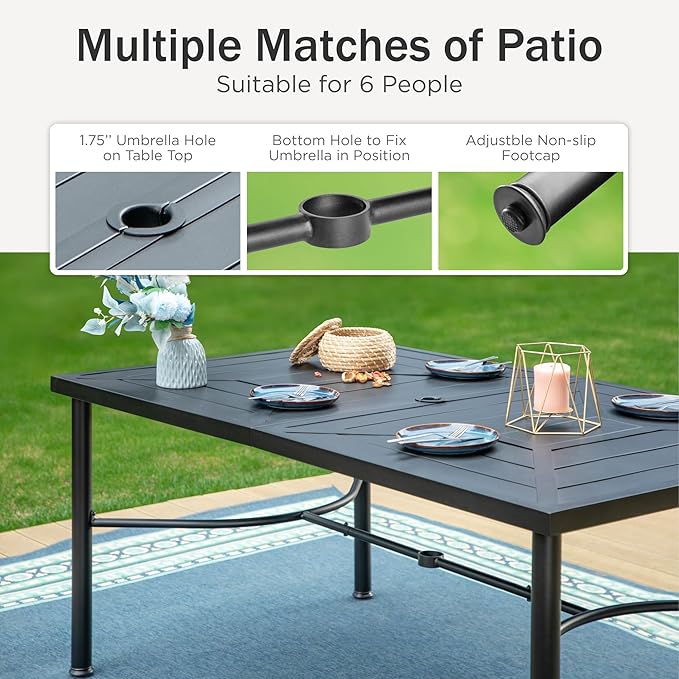 PHI VILLA 7 Pcs Outdoor Dining Set& 64" Rectangular | Metal Table w/ Umbrella Hole and 6 Stackable Dining Chairs.Perfect for Patio, Garden, Deck, Porch, and Yard