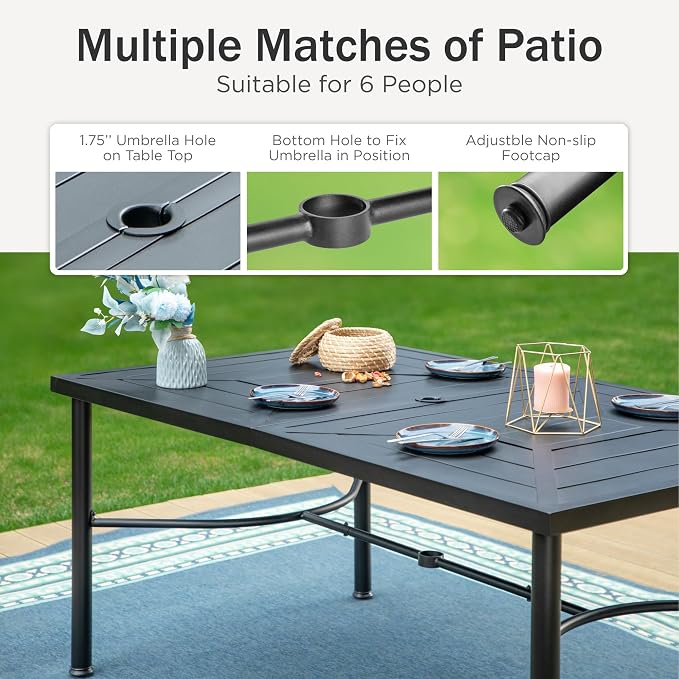 PHI VILLA 7 Piece Patio Dining Set, 6 Outdoor Swivel Patio Chairs & 1 Rectangular Large Metal Table (1.7" Umbrella Hole), All Weather Dining Furniture Set for Lawn Garden (Blue)