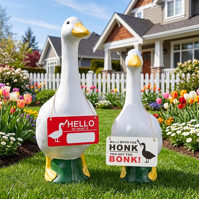 4PCS Writable Sign Board Set for 23 Inch Porch Goose Statue, Double-Sided Hanging Neck Signs with Rope, Goose Accessories for Daily Halloween Christmas Yard Decor (Sign Board Set)