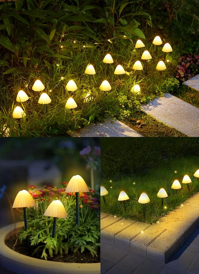 Solar Mushroom Garden Lights for Outside, 20 LED 32.8FT Solar Pathway Lights Outdoor Waterproof for Fence with 8 Lighting Modes for Patio Yard Decorative | 33FT Solar Pathway Lights with 8 Lighting Modes & Waterproof for Garden Fence Patio Yard Christm...