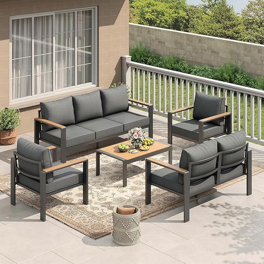 Garvee Aluminum Patio Furniture Set 7 Seats, Generous Outdoor Sectional with Washable Thick Cushions and Coffee Table, Patio Conversation Sets for Porch, Balcony, Deck, Yard