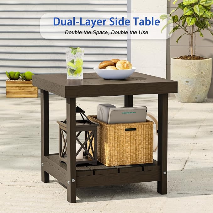 2-Tier HDPE Outdoor Square Side Table, Heavy-Duty Patio Side Table with Storage Shelf, Weather-Resistant Adirondack End Tables for Backyard, Pool, Porch, Garden, Lawn, Brown