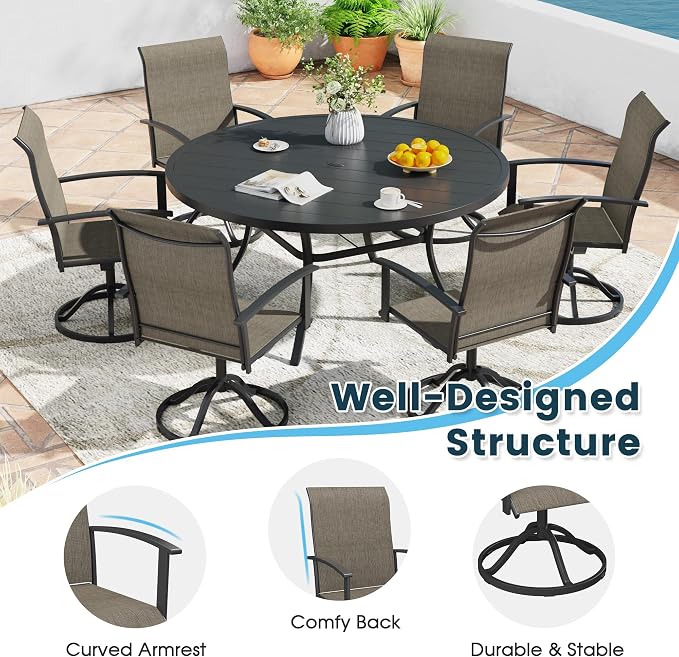 5 Pieces Outdoor Patio Dining Set, 40.6" All Weather Round Metal Table with Umbrella Hole and Storage Shelf, 4 High Back Textilene Swivel Chairs for Garden, Lawn, Walnut Table & Brown Chairs