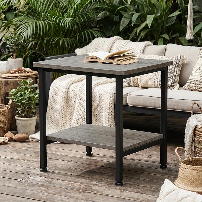 Outdoor Side Table Patio Table Small with Storage, Grey | 2-Tier Outdoor End Table, Weather Resistant, Easy Maintenance, for Patio, Pool, Beach, Porch, Deck, Indoor or Outdoor