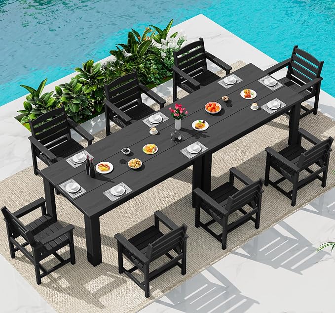 SERWALL Outdoor Dining Set for 8, w/ 2 Tables & 8 Armchairs, Black | All Weather Resistant HDPE Dining Sets for Patio, Garden, Backyard