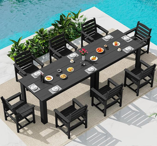SERWALL Outdoor Dining Set for 8, w/ 2 Tables & 8 Armchairs, Black | All Weather Resistant HDPE Dining Sets for Patio, Garden, Backyard