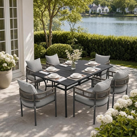 VICLLAX Patio Dining Set, 59.2" Black Table & 6 Chairs with Grey Cushion | Outdoor Table and Chairs Set of Rectangular Metal Patio Table, Outdoor Dining Chairs with Metal Frame, Garden Deck Porch