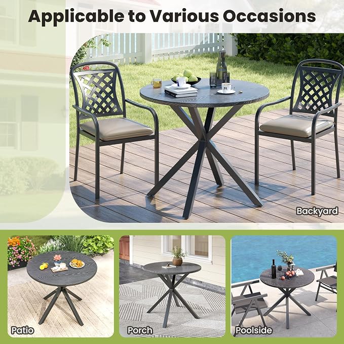 HAPPYGRILL 34” Round Outdoor Dining Table, Metal Patio Bistro Table with Wood-Like Tabletop, 4 Person Outdoor Dining Furniture for Backyard Garden Balcony