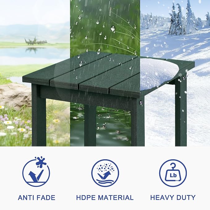 LZRS Patio End Table, Heavy Duty HDPE Outdoor Coffee Table with Wood Texture, Weatherproof Composite Table for Adirondack Chairs, Deck, Pool, Indoor/Outdoor, No Peeling or Cracking(Dark Green)