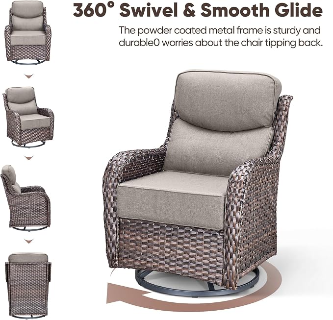 Swivel Patio Chairs Set of 3 with 6" Thick Cushion - Wicker Outdoor Swivel Rocker Patio Chairs with Side Table, High Back Comfortable Outdoor Glider Chair - Brown Wicker | Grey Cushions