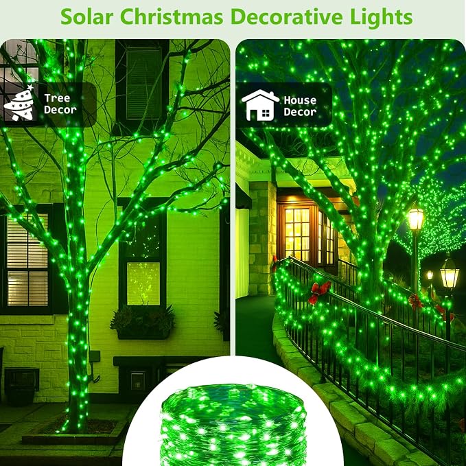 Solar Fairy Lights, 2 Pack Total 400LED 144FT Waterproof String Lights | Green, Copper Wire, 8 Lighting Modes Solar Twinkle Lights for Tree Garden Patio Party Outdoor Christmas Decorations
