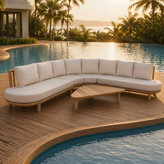 Christopher Knight Home Gemsy 118" Acacia Wood Outdoor Patio Furniture Set with Cushion, Outdoor Half Moon Curved Sectional Sofa Set with Coffee Table, Patio Sectional Sofa Set, Beige+Light Teak