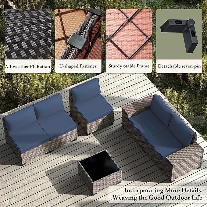 6 PCS Outdoor Patio Furniture Set,Outdoor Sectional Furniture All Weather PE Rattan Wicker Patio Conversation Set with Coffee Table and 5 Thickened Cushions,Navy Blue