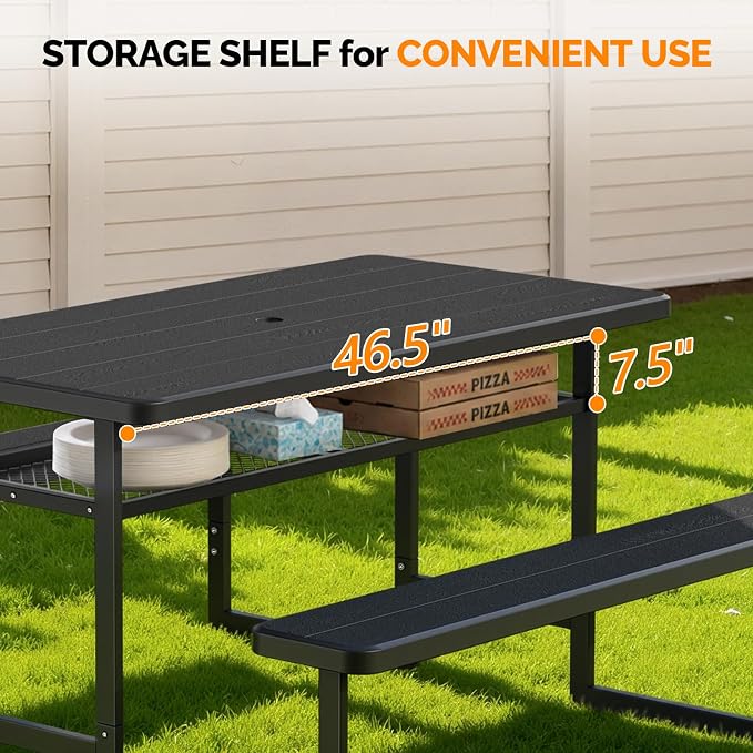 VINGLI Outdoor Picnic Table with Storage Shelf & Umbrella Hole, 4.5FT All Weather Metal Frame HDPE Tabletop Plastic Picnic Table for Dining Party Garden(Black)