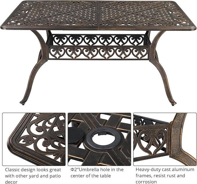 VINGLI 6-Person Patio Dining Table, Cast Aluminum Outdoor Dining Rectangle Table with Umbrella Hole, Weather-Resistant Patio Table for Deck, Garden, Backyard