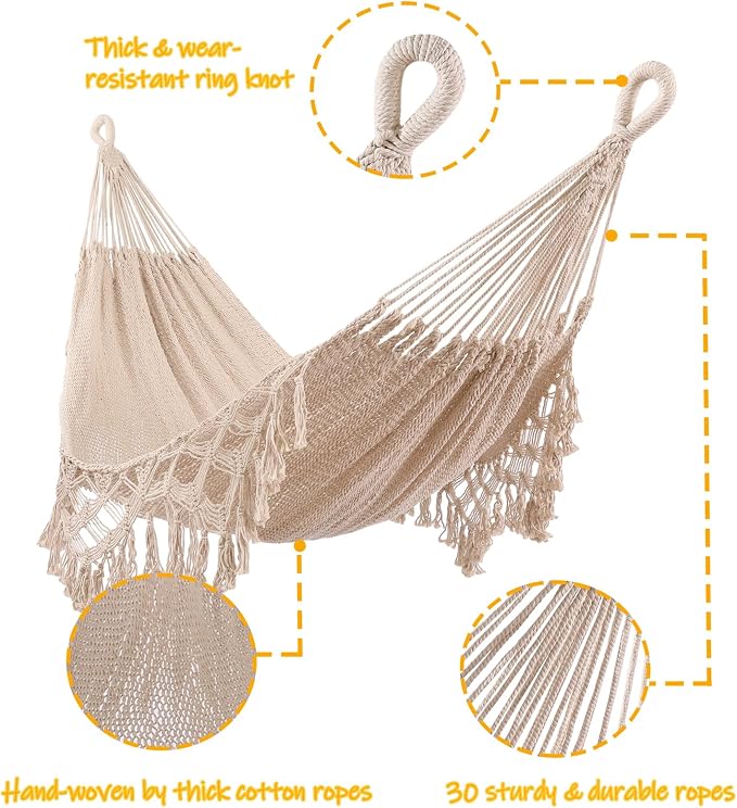 ZEAN Handwoven Hammock with Tassels by Thick Cotton Rope XL Two Person Hammock for Outside Patio Backyard Garden Beach 550LB Capacity