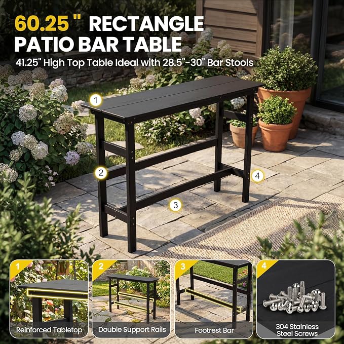 41.25" Outdoor Bar Table, Heavy Duty HDPE Console Table, Weather-Resistant Outdoor Console Table, Modern Bar Height Pub Table for Poolside/Garden/Backyard/Deck/Patio Furniture, Black