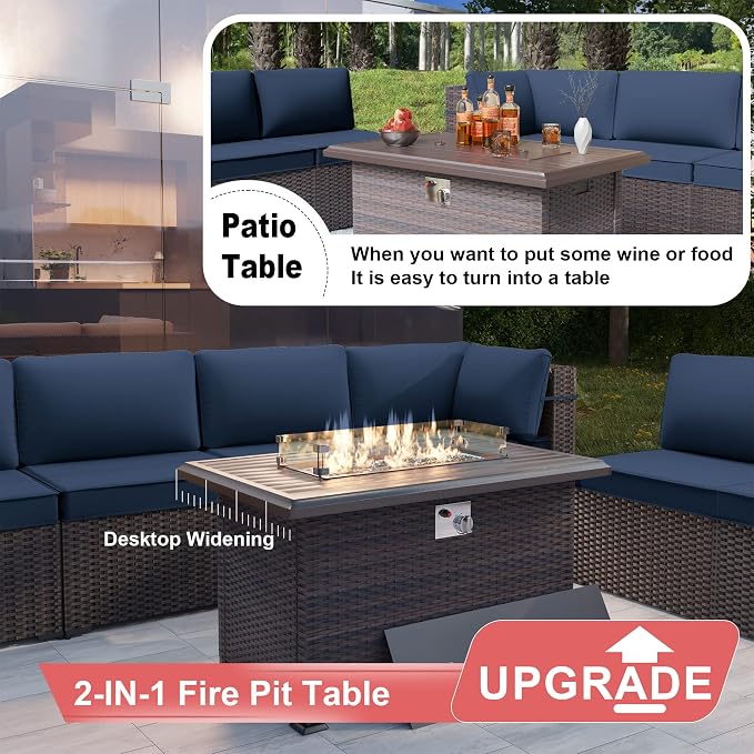 Kurapika 13 Pieces Patio Furniture Set, Rattan Wicker Outdoor Conversation Sets w/43in Propane Fire Pit Table and 4 Inch Cushion(Navy Blue)