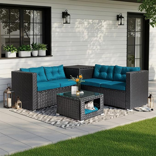 VINGLI 4 Pieces Outdoor Sectional Wicker Patio Furniture with Storage, Patio Sectional Sofa Outdoor Couch Conversation Set, Glass Top Coffee Table for Backyard, Pool, Garden(Black)
