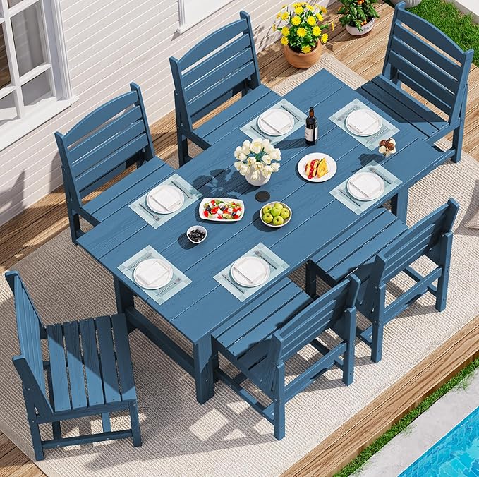 SERWALL 7-Pc HDPE Patio Dining Set, 1 Table & 6 Armless Chairs, Blue | HDPE Outdoor Dining Set with Rectangular Table & 6 Armless Chairs, All-Weather Resistant SERWALL Dining Set for 6