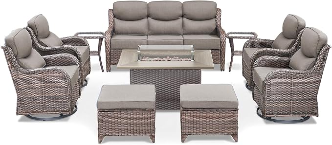 Luxury Patio Furniture Set with Fire Pit Table-10 Pieces All Weather Outdoor Swivel Rocker Chairs with Sofa and Ottomans. Outdoors Patio Conversation Sets for Porch Deck Garden(Brown/Grey)