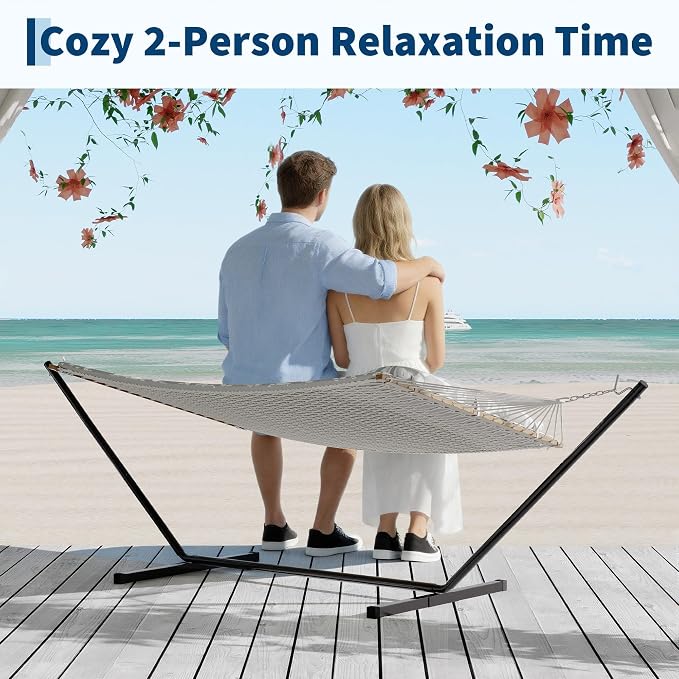 Takywep 2 Person Hammock with Polyester-Cotton Pad, 12FT Double Hammock with Wooden Spreader Bar, Removable Pillow, 450LBS Capacity, 2-in-1 Outdoor Hammock for Patio, Garden, Beach (No Stand)