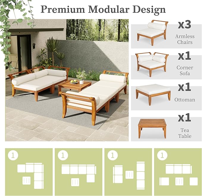 6 Piece Acacia Wood Patio Sofa Set with Tea Table, L-Shaped Modular Sectional Outdoor Garden Furniture Set Conversation Sofa Set Convertible Daybed with 5 Cushions and Pillows, Teak