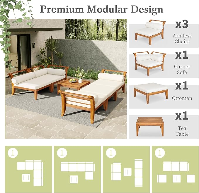 RuiSiSi 6 Piece Patio Sofa Set, Acacia Wood Outdoor Modular Sectional Garden Furniture Set, L-Shaped Conversation Set with Tea Table, Ottoman, 5 Cushions and Pillows, Teak+Beige