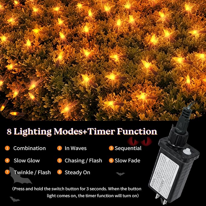 120LED Halloween Net Lights Outdoor, 5ft x 6ft Connectable Mesh Lights, 8 Modes 3.5V Low Voltage Waterproof Bush Lights for Trees, Bushes, Wedding, Party Decor (Orange, 1Pack)