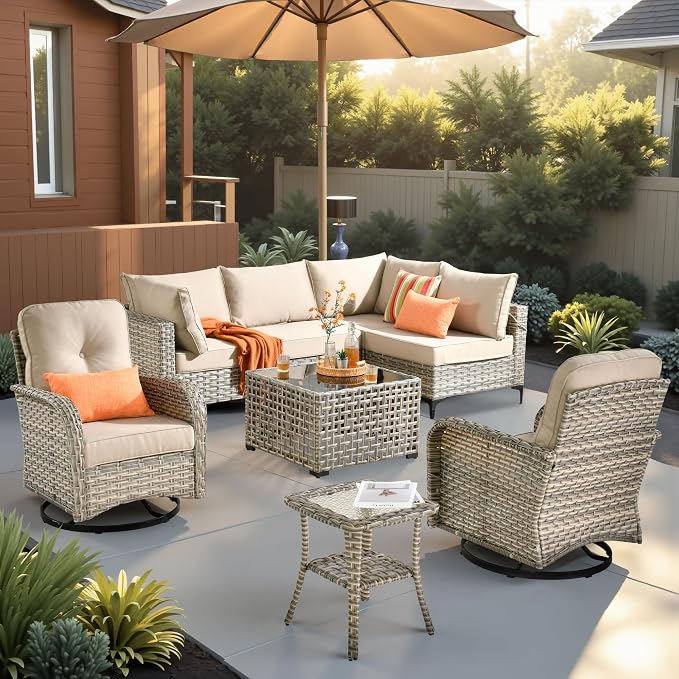 CAODOC Outdoor Sectional Patio Furniture Set,8 Pieces Wicker Conversation Sets L Shaped Couch,Out Door Sofa Outside Furniture with Swivel Chairs,Beige