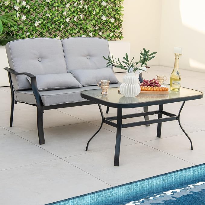 Tangkula 2 Piece Patio Furniture Set, Outdoor Loveseat Chair Set with Seat Back Cushions & Waist Pillows, Tempered Glass Coffee Table, Heavy-Duty Metal Sofa Set for Yard Garden Balcony Poolside