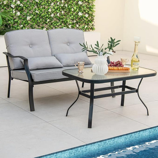 Tangkula 2 Piece Patio Furniture Set, Outdoor Loveseat Chair Set with Seat Back Cushions & Waist Pillows, Tempered Glass Coffee Table, Heavy-Duty Metal Sofa Set for Yard Garden Balcony Poolside