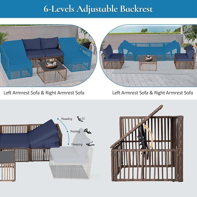 FHFO 7 Piece Outdoor Wicker Patio Furniture Set, Brown/Blue | Sectional Sofa | All-Weather Hand-Woven Rattan | Tempered Glass Coffee Table | Adjustable Backrest | Indoor & Outdoor Use
